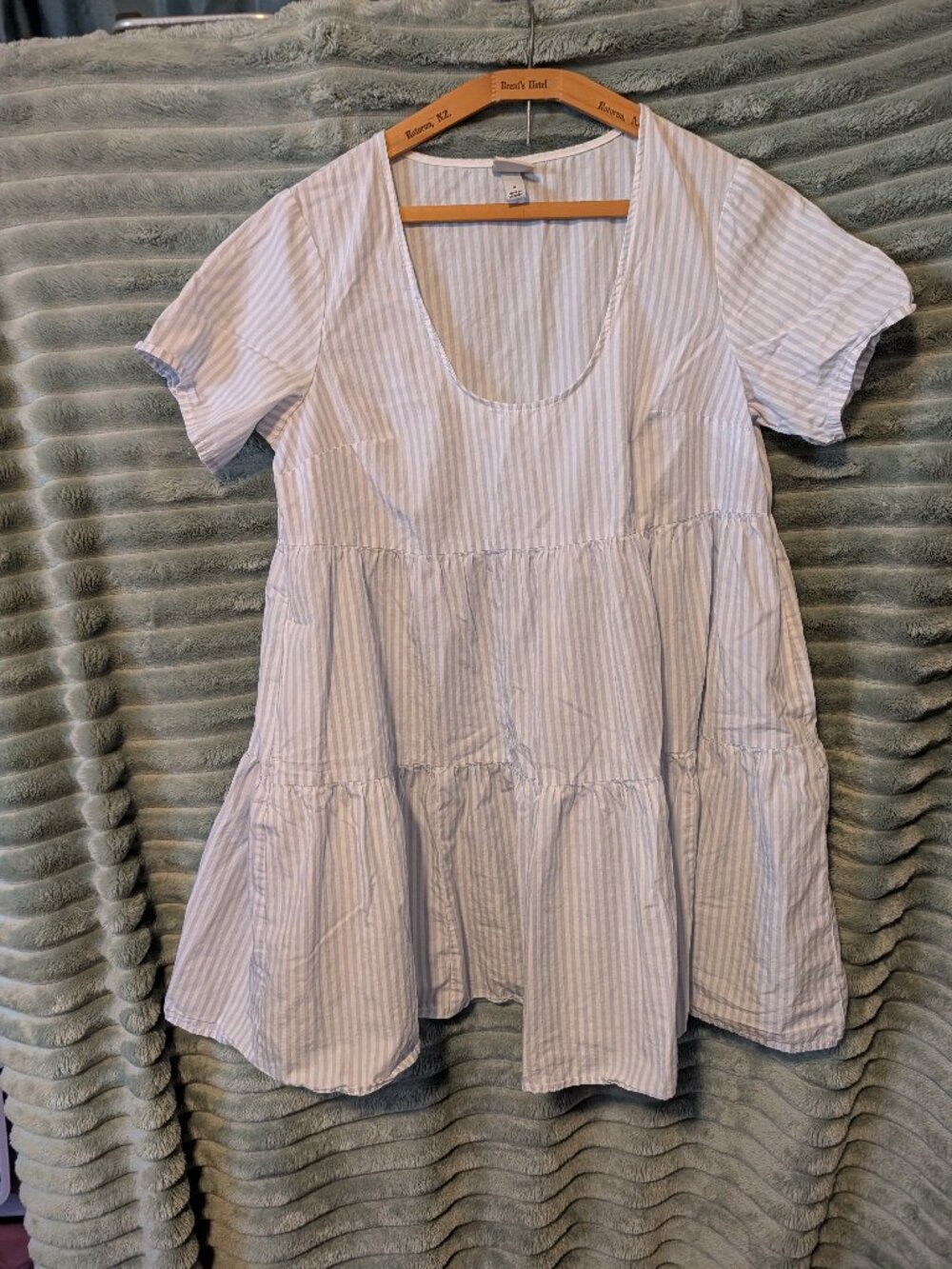 A New Day Blue White Pinstripe Tiered Baby doll Cotton Mini Dress Size Small - Picture 1 of 6
